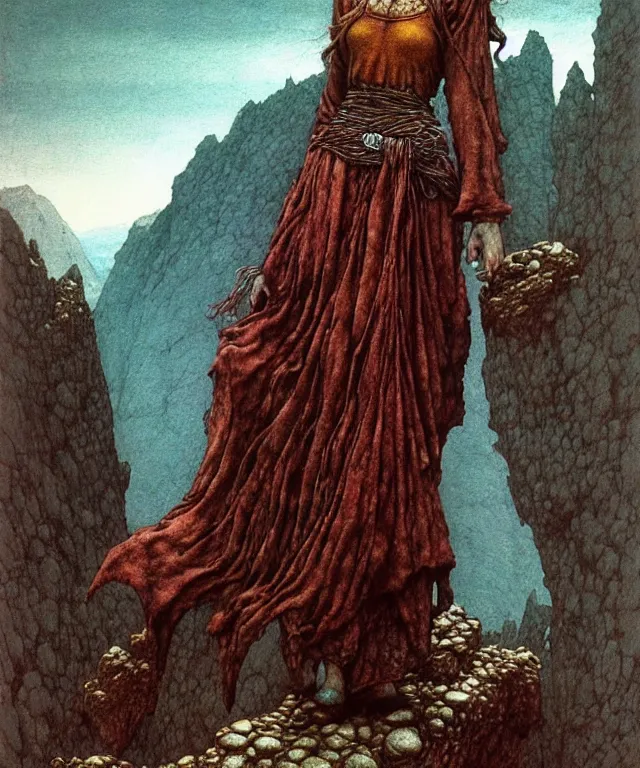 Image similar to A detailed semifish-semiwoman stands among the mountains with a pebble in hand. Wearing a ripped mantle, robe. Extremely high details, realistic, fantasy art, solo, masterpiece, art by Zdzisław Beksiński, Arthur Rackham, Dariusz Zawadzki