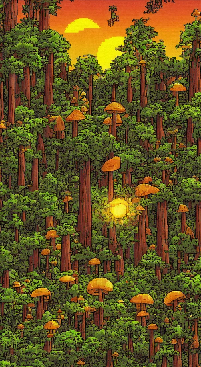 Image similar to a dreamy sunset in the forest with mushrooms in pixelart style, highly detailed