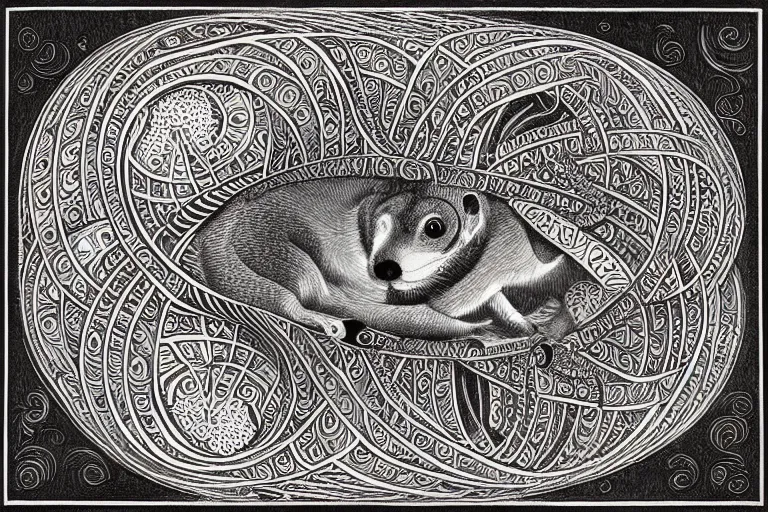 Image similar to an ornate illustration in the styles of mandalas and fractals, the styles of escher and penrose, depicting a weasel staring deep into the heart of the impossible all - and - nothing of the emerging technological singularity ; / what has god wrought? / he seems to be whispering.