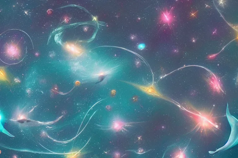 Image similar to a group of cosmic dolphins jumping out of a cosmic ocean in space, half of the screen is cosmic ocean