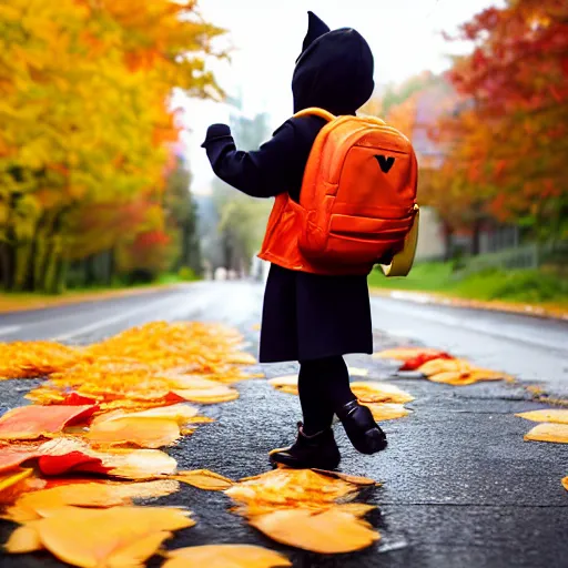 Image similar to anthropomorphic cute kitten wearing a yellow raincoat and yellow boots and red backpack standing next to a schoolbus on the first day of kindergarten, with colorful fall leaves and light rain, critical moment photograph