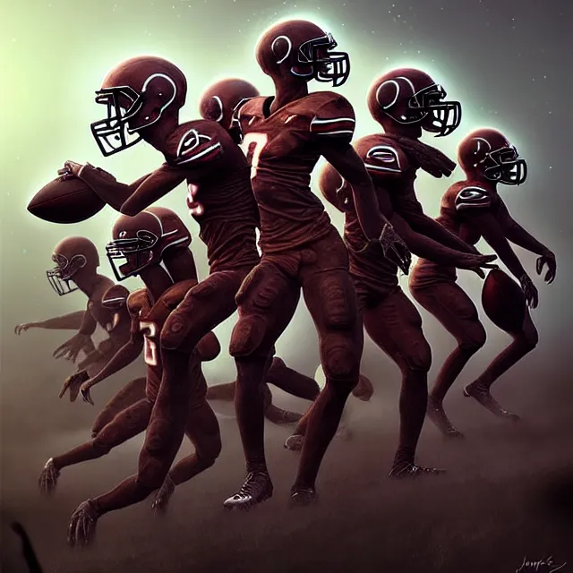 Image similar to epic professional digital art of a terrifying alien American football team, best on artstation, cgsociety, wlop, cinematic, breathtaking, epic, stunning, gorgeous, much detail, much wow, masterpiece by Jim Burns