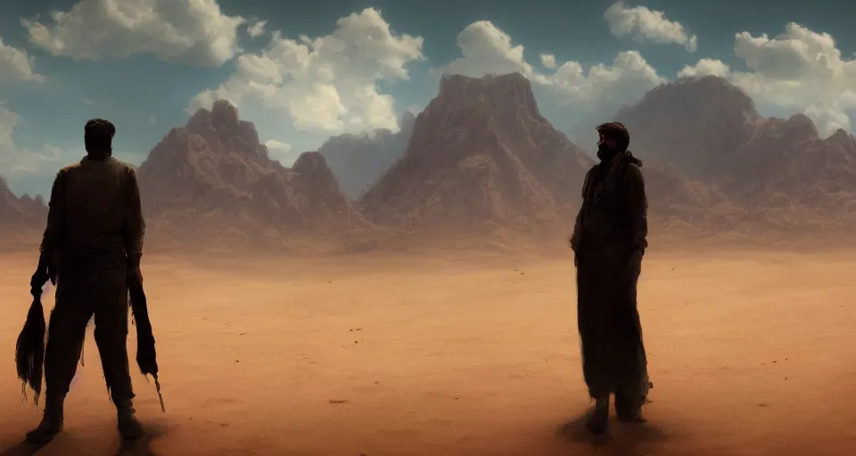 Image similar to a man in the desert staring at the sky, cinematic composition, dark color scheme, artstation