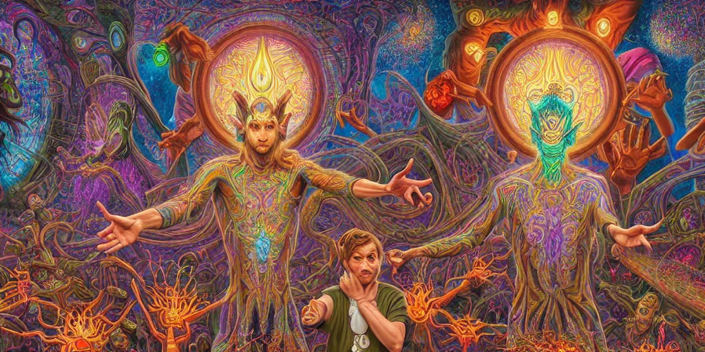 Prompt: hyper detailed portrait of a dmt spirit guide greeting a lost psychonaught, friendly dmt time elves, cathedral background, masterpiece composition, 8 k resolution, ultra fine illustration, alex grey, todd schorr, casey weldon, tokio aoyama, highly detailed,