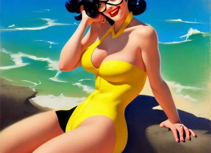 Image similar to the style of the artist gil elvgren, a girl with black hair, overwatch tracer, with a very beautiful symmetrical face, a smile on her face, tanned skin, in a yellow bikini, against the background of a sea beach, in art style, high detail, digital painting, hyperrealism