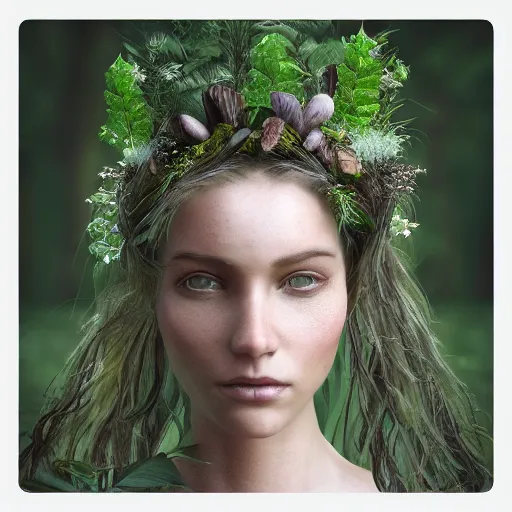 Prompt: “ goddess of nature ” gaia, hair made out of plants, beautiful young face, antlers, fantasy style, in the mystical forest, mushrooms, opal crystals, octane render, cinematic light ”