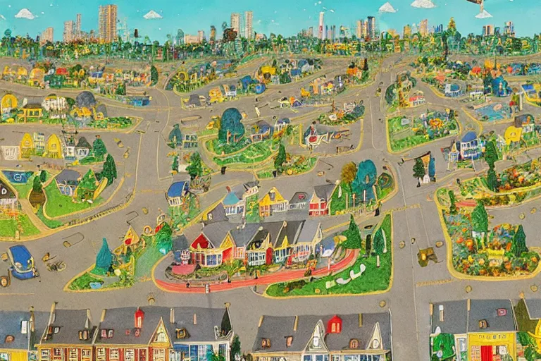 Prompt: an elaborate and dense painting of a peaceful neighborhood, detailed, made of alcohol ink on parchment and penned illustrations, by richard scarry and beeple