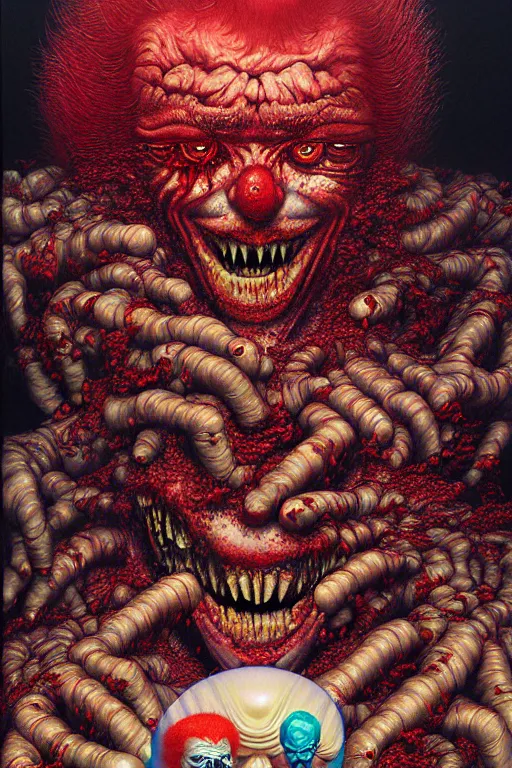 Image similar to a hyperrealistic painting of a evil boss fight against tyrant ronald mcdonald, cinematic horror by chris cunningham, lisa frank, richard corben, highly detailed, vivid color, beksinski painting, part by adrian ghenie and gerhard richter. art by takato yamamoto. masterpiece