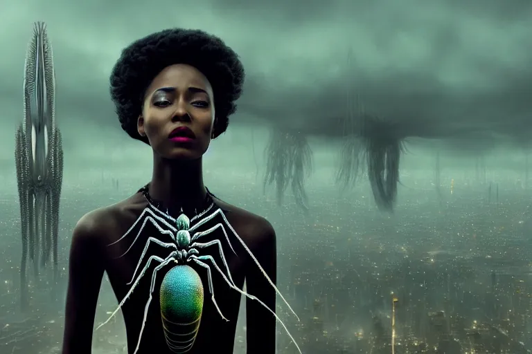 Image similar to realistic detailed photorealistic portrait movie shot of a beautiful black woman with a giant spider, dystopian city landscape background by denis villeneuve, amano, yves tanguy, alphonse mucha, ernst haeckel, david lynch, edward robert hughes, roger dean, cyber necklace, rich moody colours, cyber patterns, wide angle