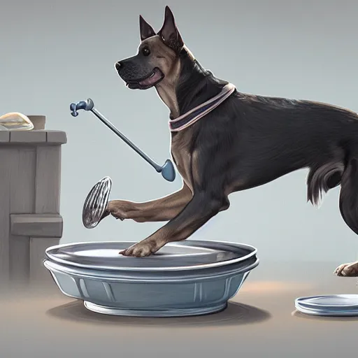 Image similar to a dog washing dishes, elegant, intricate, highly detailed, digital painting, artstation, concept art, sharp focus, illustration, 8 k