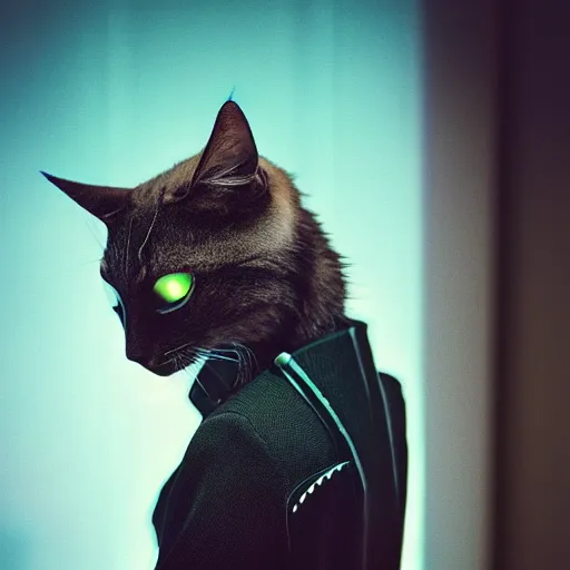 Image similar to side view of cyberpunk cat in suit