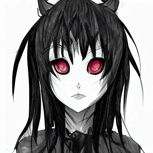Image similar to headshot art of a goth anime woman, evil, bust portrait, black and white watercolor