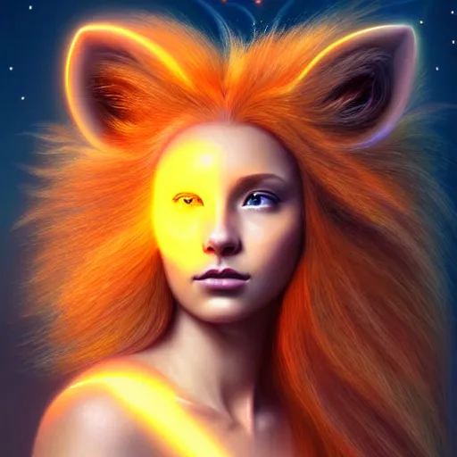 Image similar to Portrait of a girl angel with pale orange colored frizzy strands of illuminated hair, Lion essence, cat ears on her head, glowing halo, Lion's Mane, Cosmic, Lion's Gate, 8/8, fantasy, intricate, elegant, highly detailed, digital painting, artstation, concept art, smooth, sharp focus, illustration, art by Krenz Cushart and Artem Demura and alphonse mucha