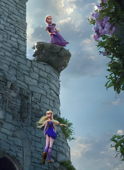 Prompt: rapunzel is throwing her long hair so the prince can climb the tower, unreal 5, DAZ, hyperrealistic, octane render, cosplay, RPG portrait, dynamic lighting