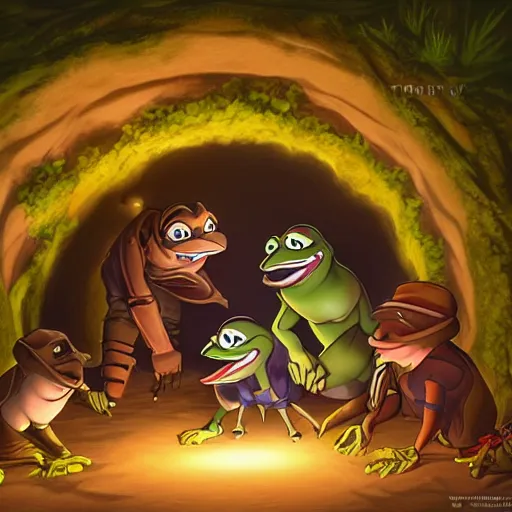 Image similar to a group of pepe digging in a tunnel by torchlight, artwork by Artgerm, Don Bluth