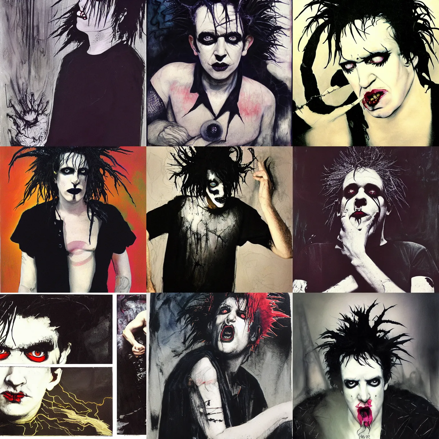 Prompt: gaunt robert smith as dream from sandman, dark eye sockets, closed eyes, black t - shirt, by jeremy mann, by lucien freud, by ben templesmith, by dave mckean and richard avedon, dramatic lightning, frog's - eye view, 1 9 8 0's, punk rock, gothic, the cure, high detailed, 8 k