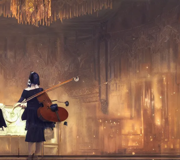 Image similar to craig mullins and ghibli digital art of on the stage of the theater, a masked female violinist performs alone, dressed in exotic costumes, gold jewelry, and black hair realistic shading, cinematic composition, realistic render, octane render, detailed textures, photorealistic, wide shot