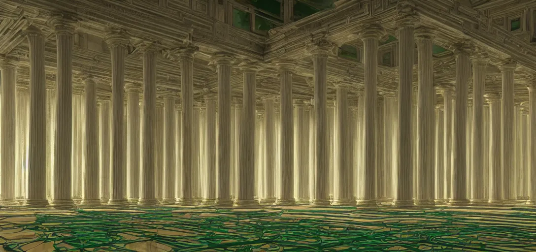 Image similar to Interior Gigantic Greek Temple completely covered in green lychen. Wires, Diodes, Cables, in the graphic style of Patrick Gleason and SANA TAKEDA artstation, hyper detailed, high detail, Zbrush, trending on artstation, trending on artist, beautifully lit, glow, cinematic, soft light, HDR, detailed, photorealistic, volumetric, intricate, high detail, realistic, photo-bash, 8k symmetric Beautiful comic art