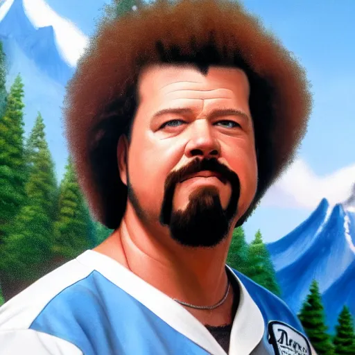 Prompt: a closeup photorealistic photograph of bob ross style kenny powers playing baseball, painting on a canvas. mountains and trees. film still. brightly lit scene. this 4 k hd image is trending on artstation, featured on behance, well - rendered, extra crisp, features intricate detail, epic composition and the style of unreal engine.