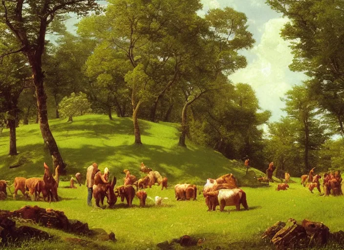 Image similar to tilt shift green pasture, clay creatures playing a game, Albert Bierstadt, Jim Burns, Edwin Church, Frederic Thomas Cole, Brown Durand, Asher David Friedrich, Caspar James Gurney, Johnson Heade, Martin Raphael Lacoste, Ted Nasmith, Andreas Rocha, Christophe Vacher !n 9