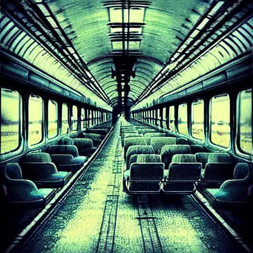 Prompt: a train filled with lonely souls travelling on a train to nowhere impressive scene. grainy and rough. soft colour scheme. beautiful artistic detailed digital art