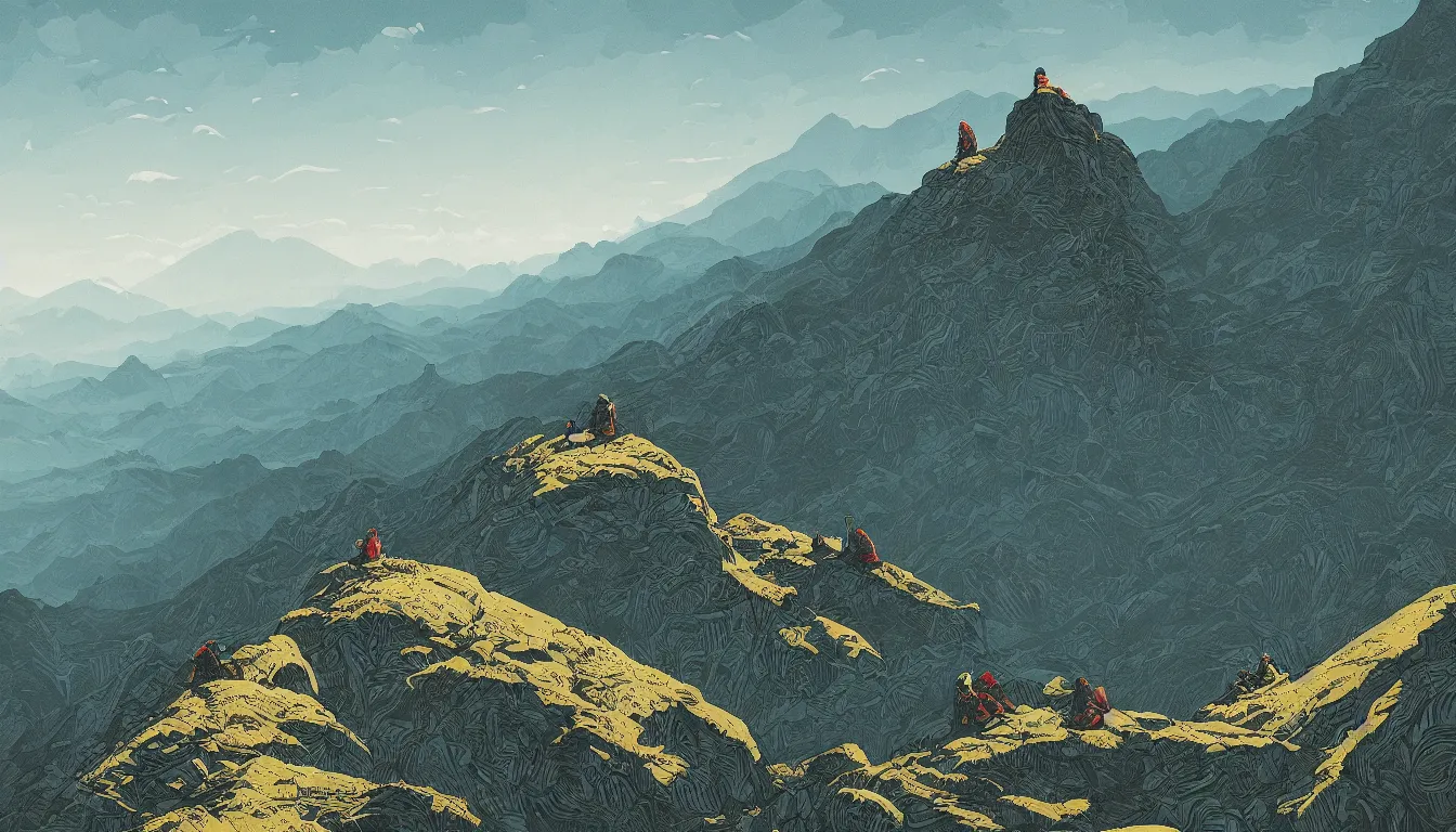 Prompt: backpackers on a mountain, view from above, kilian eng, minimalist