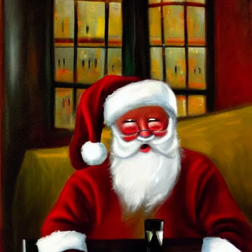 Prompt: santa claus depressed having a drink at a bar, painting, somber, moody lighting