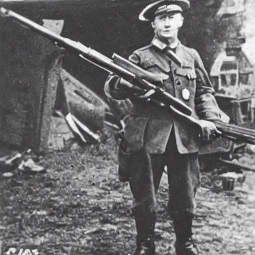 Image similar to old wartime photograph of spongebob squarepants holding a lewis gun, 1 9 1 7