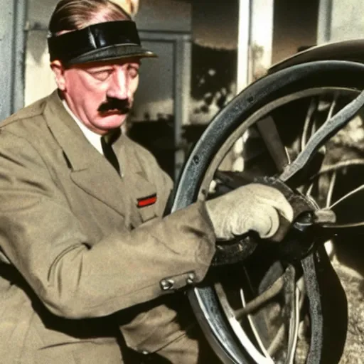 Prompt: hitler using an angle grinder, removing rust from a toyota mr 2