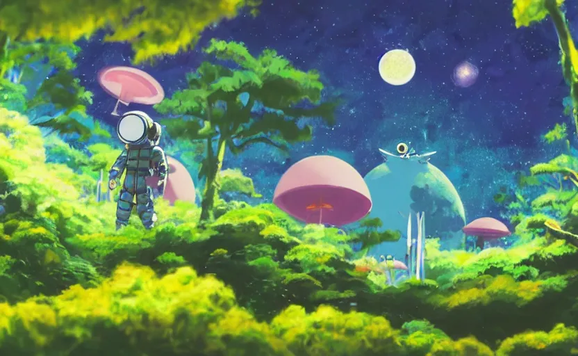 Image similar to a still of a cute adorable tiny astronaut, on a planet of lush colorful foliage, with an enormous kaiju space dragon surrounding the full background, magical forest, sharp focus, neon backlit, highly detailed, disney pixar studio ghibli makoto shinkai, digital painting, matte, octane render, global illumination, iridescent, anime, 8 k concept art