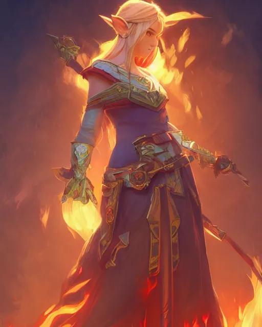 Image similar to zelda, full body photo, flames everywhere, highly detailed, digital painting, artstation, concept art, smooth, sharp focus, illustration, art by artgerm and greg rutkowski and alphonse mucha