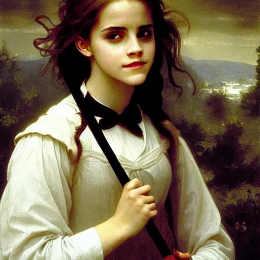 Image similar to Painting of Emma Watson as Hermione Granger. Young. Smiling. Happy. Cheerful. Prisoner of Azkaban. Art by william adolphe bouguereau. Very very very very very very very very very very very very much detailed. Beautiful. 4K. Award winning.