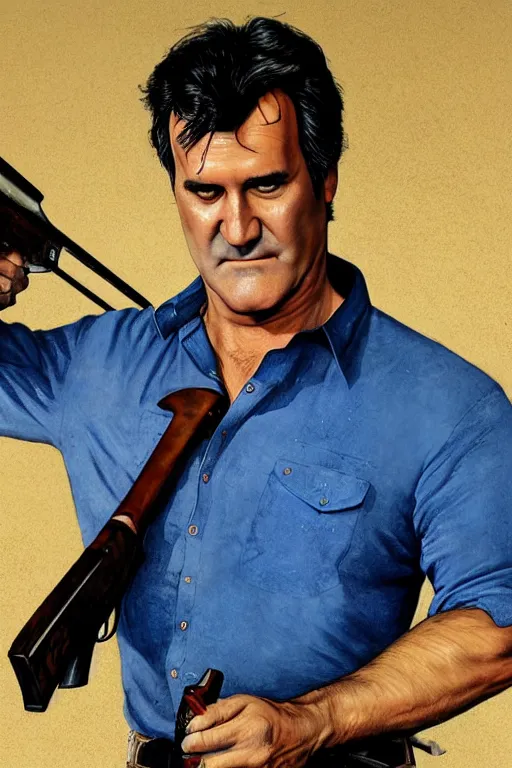 Image similar to Bruce Campbell in a blue bloody shirt with a double-barreled shotgun on his shoulder, the inscription Ash is gaining neck on top, innocent, intricate, elegant, highly detailed, digital painting, artstation, concept art, smooth, sharp focus, illustration, art by artgerm and greg rutkowski and alphonse mucha