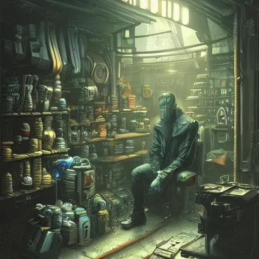 Image similar to cyberpunk merchant in their shop, Industrial Scifi, detailed illustration, Chiaroscuro, concept art, blade runner 2049, by Martin Grip and Moebius