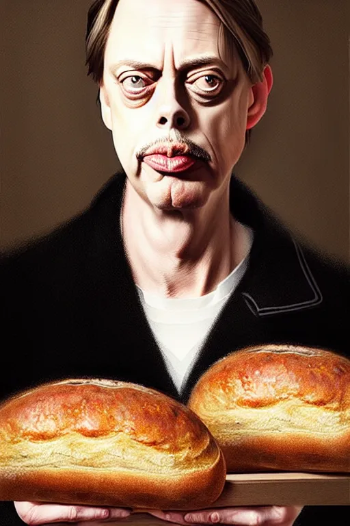 Image similar to beautiful portrait half steve buscemi wearing sourdough bread, by greg rutkowski