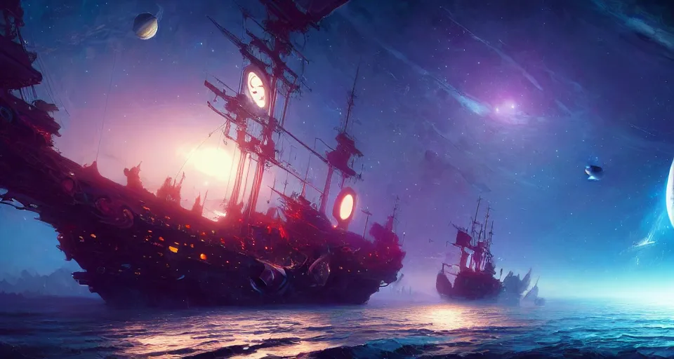 Image similar to pirate ship in space with a planet in the background, cosmic, nebula, intricate, highly detailed, oil painting, artstation, concept art, ethereal, unreal engine 5, 8 k, by stephan martiniere and liam wong and alphonse mucha