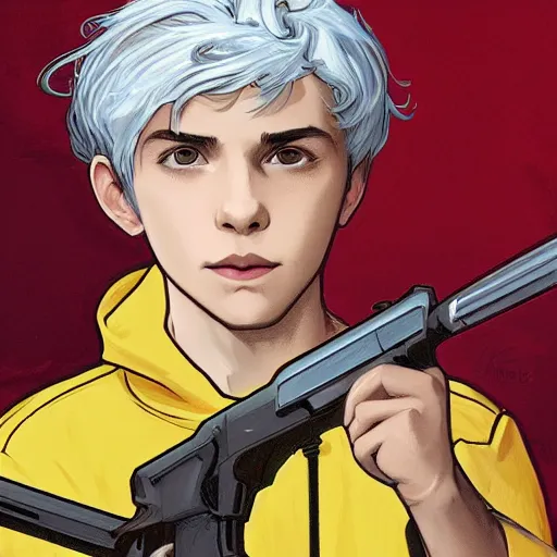 Prompt: detailed 2 d picture a boy with white hair, wearing yellow with red pattern hoodie holding a riffle in the style of artgerm and greg rutkowski and alphonse mucha