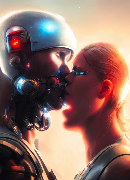 Image similar to ultra realistic close - up of a couple of cyborgs kissing, lovers, cyberpunk, sci - fi, fantasy, led color, flare, soft light, night, highly detailed, digital painting, concept art, sharp focus, illustration, art by artgerm and greg rutkowski