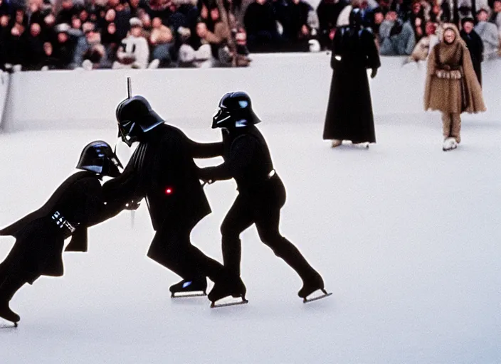 Image similar to film still of Darth Vader goes ice skating in the new Star Wars movie, 4k