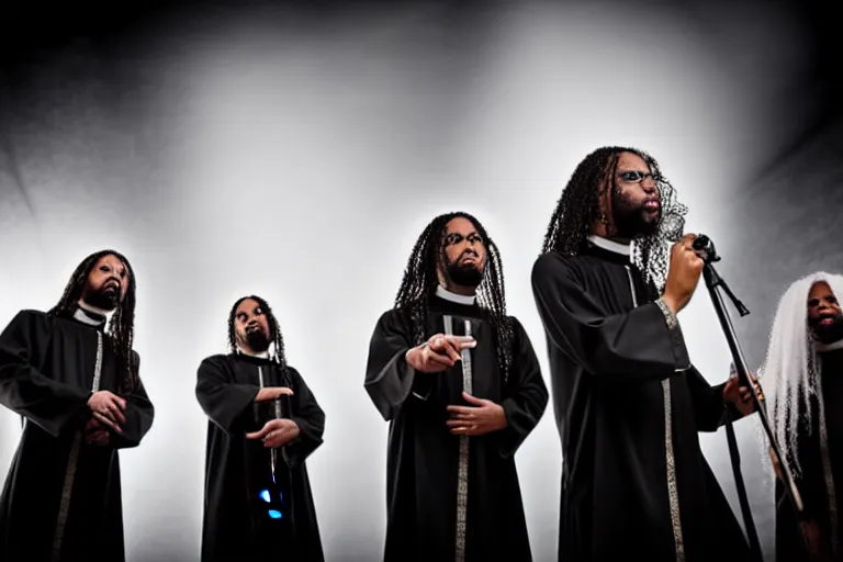 Image similar to a christian religious black that studies theology and arr becoming priests, band photo of a metal band playing christian black metal, stage outfits, cinematic, elegant, professional studio light, real dlsr photography, sharp focus, 4 k, ultra hd, sense of awe, high fashion