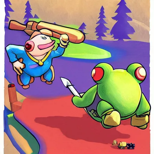 Image similar to Toad (from MarioKart) chasing a bear with an axe