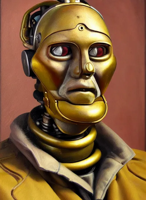 Prompt: Portrait Bust oil painting of an Old cyborg man by Jama Jurabaev with one Robot eye, Art Deco, Art Deco Background, Gold, Cyborg DC, Brass, no glasses, Bust Portrait, Steam Punk, Wearing a worn out brown suit, extremely detailed, brush hard, brush strokes, Dorothea Lange, Migrant Mother, artstation