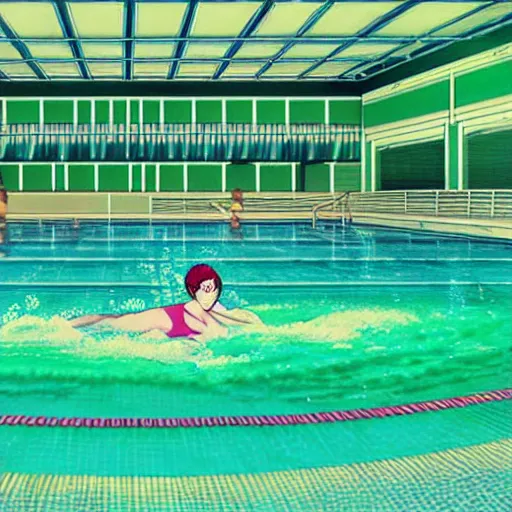 Image similar to girl swimming in an indoor pool in hungary, sprite, vaporwave nostalgia, green and white color palette, directed by beat takeshi, visual novel cg, 8 0 s anime vibe, kimagure orange road, maison ikkoku, sketch by osamu tezuka, directed by makoto shinkai and beat takeshi