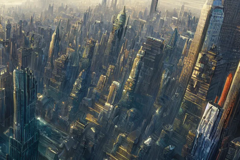 Prompt: an epic aerial view of manhattan in the jurassic era, wide angle, atmospheric, cinematic, highly detailed digital art, painted by tyler edlin