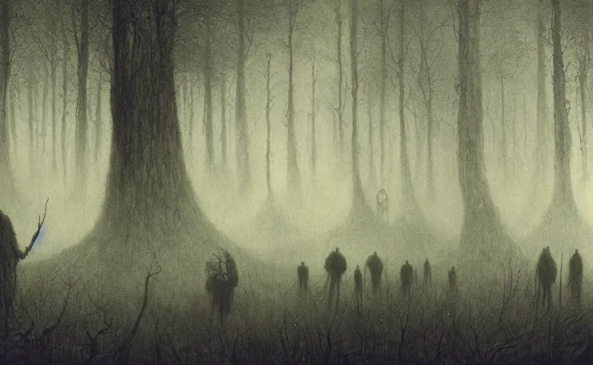 Prompt: people camping in a forest of nightmares by Beksinski, 4k, masterpiece