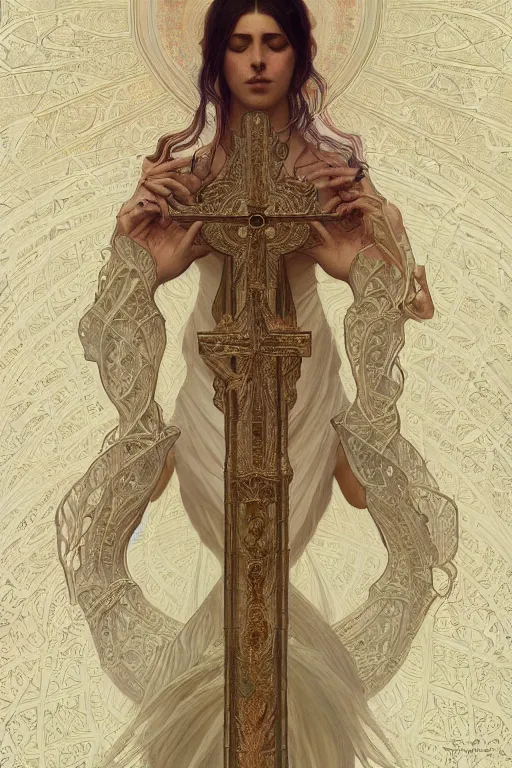 Image similar to a full body portrait of a beautiful ethereal delicate babylonian mage queen meditative sacral pose catholic stages of the cross, intricate, elegant, highly detailed, digital painting, artstation, concept art, smooth, sharp focus, illustration, art by krenz cushart and artem demura and alphonse mucha