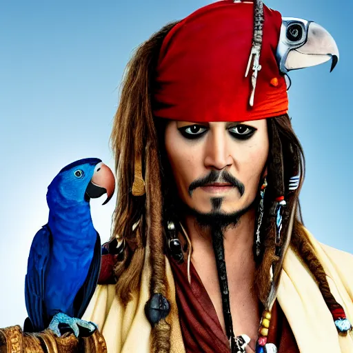 Image similar to jack sparrow with a parrot on the shoulder, portrait, professional photograph, 8k resolution, hyper detailed, realistic eyes