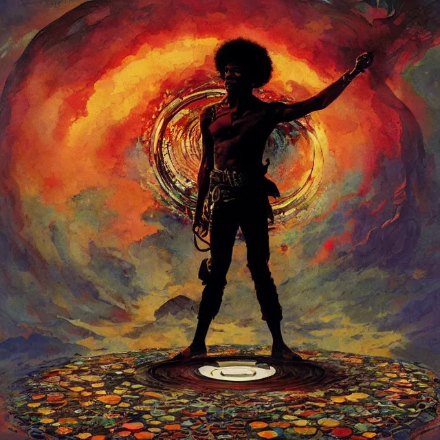 Image similar to jimi hendrix standing in a circle at the beginning of the world by greg rutkowski and frank frazetta and peter mohrbacher and william blake and dan mumford