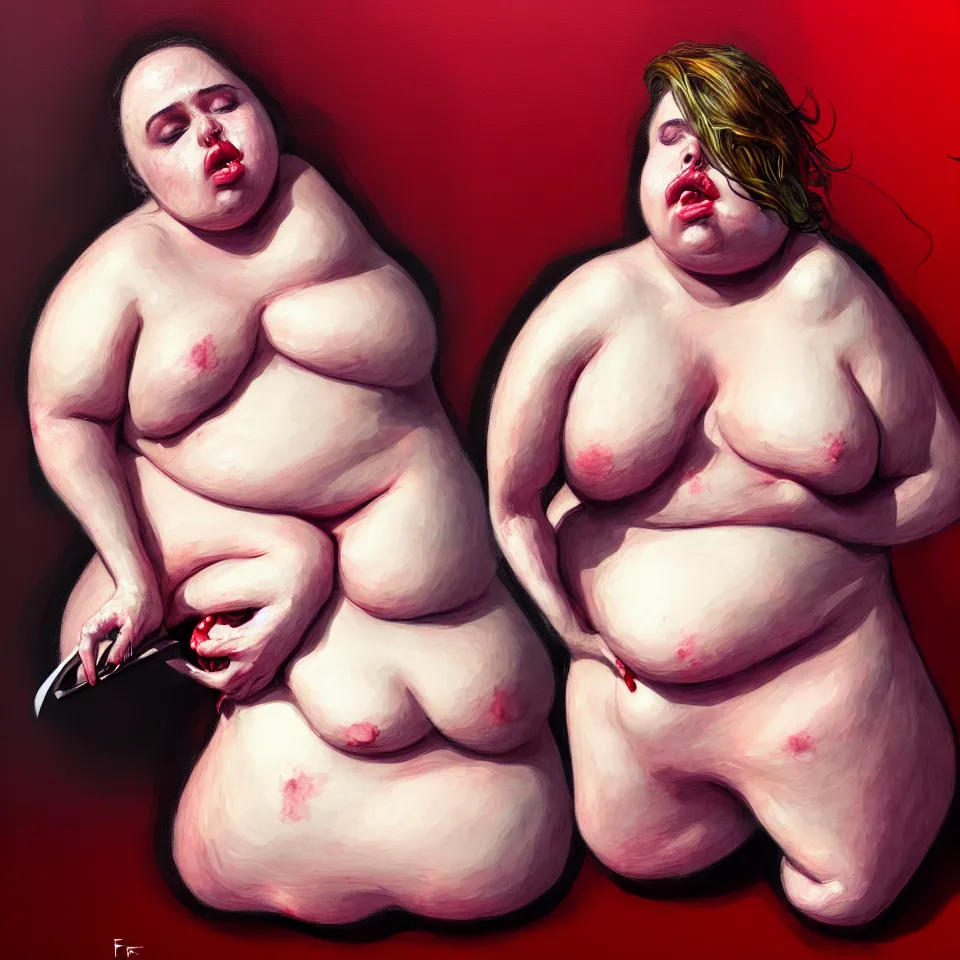 Image similar to bright realistic obese anorexic eating herself to death, fat and skinny, diffuse lighting, fantasy, intricate, elegant, highly detailed, lifelike, photorealistic, digital painting, artstation, illustration, concept art, smooth, sharp focus, art by francis bacon
