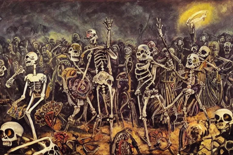 Image similar to scene from spartacus, day of the dead, cyber skeleton, neon painting by otto dix